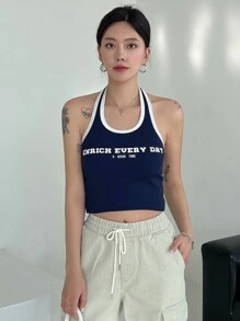 DAZY Đồ họa Chữ cái Tương phản ràng buộc Áo hai dây - Màu xanh hải quân - Xem 6