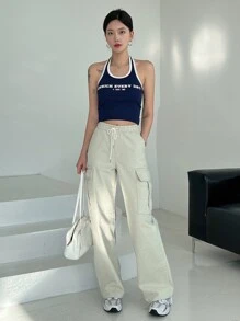 DAZY Đồ họa Chữ cái Tương phản ràng buộc Áo hai dây - Màu xanh hải quân - Xem 8