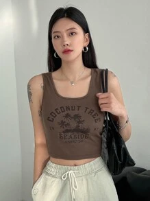 DAZY Top tank con estampado de letra y árbol - Marrón Mocha - Ver 1