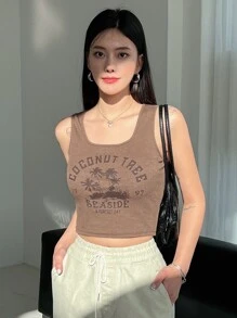 DAZY Top tank con estampado de letra y árbol - Marrón Mocha - Ver 3