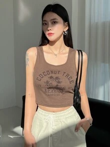 DAZY Top tank con estampado de letra y árbol - Marrón Mocha - Ver 4