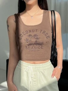DAZY Top tank con estampado de letra y árbol - Marrón Mocha - Ver 5