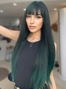 tóc giả tổng hợp dài thẳng có mái - màu xanh lá - Xem 1