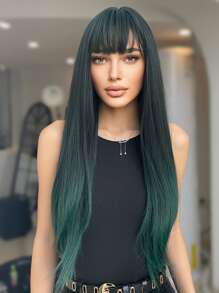 tóc giả tổng hợp dài thẳng có mái - màu xanh lá - Xem 4