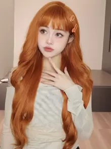 橙色修剪劉海波浪假髮 - 耐熱合成纖維，適合日常穿著和派對婚禮！