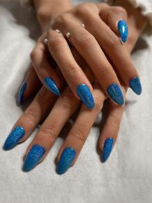 24 chiếc móng tay giả lấp lánh hạnh nhân dài và 1 dũa móng tay và 1 băng dính - Xanh đậm - Xem 1