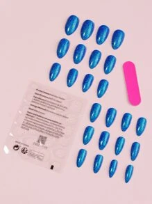 24 chiếc móng tay giả lấp lánh hạnh nhân dài và 1 dũa móng tay và 1 băng dính - Xanh đậm - Xem 2