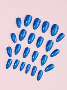 24 chiếc móng tay giả lấp lánh hạnh nhân dài và 1 dũa móng tay và 1 băng dính - Xanh đậm - Xem 3