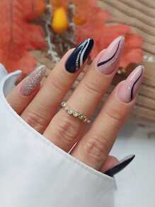 24入組長款杏仁金屬亮絲假指甲和1入組指甲銼和1張膠帶 - 彩色 - 查看 1