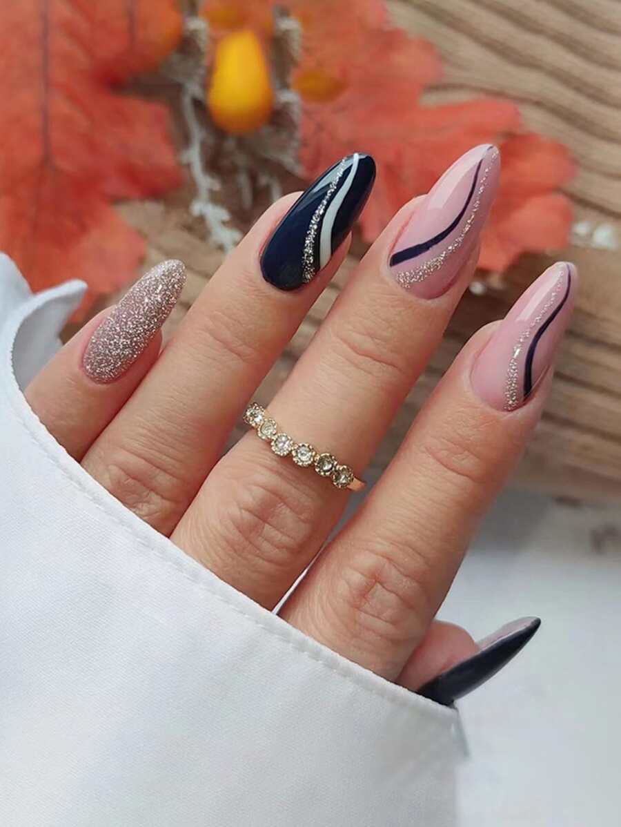 24入組長款杏仁金屬亮絲假指甲和1入組指甲銼和1張膠帶 - 彩色 - 查看 1