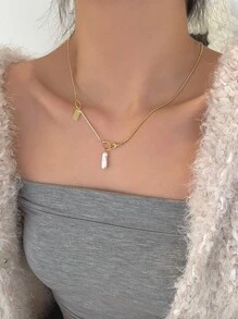 DAZY 假珍珠和長方形吊飾項鍊 - 金黃色 - 查看 2