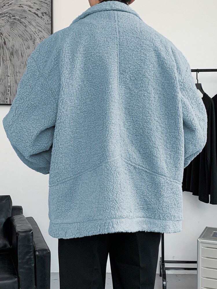 Manfinity Hypemode Men Drop Shoulder Flap Detail Teddy Jacket - Dusty Blue - View 2