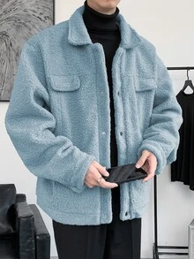 Manfinity Hypemode Hombres Cazadora teddy de hombros caídos con diseño de solapa - Neblina azul - Ver 3