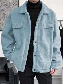 Manfinity Hypemode Hombres Cazadora teddy de hombros caídos con diseño de solapa - Neblina azul - Ver 4