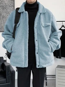 Manfinity Hypemode Hombres Cazadora teddy de hombros caídos con diseño de solapa - Neblina azul - Ver 5