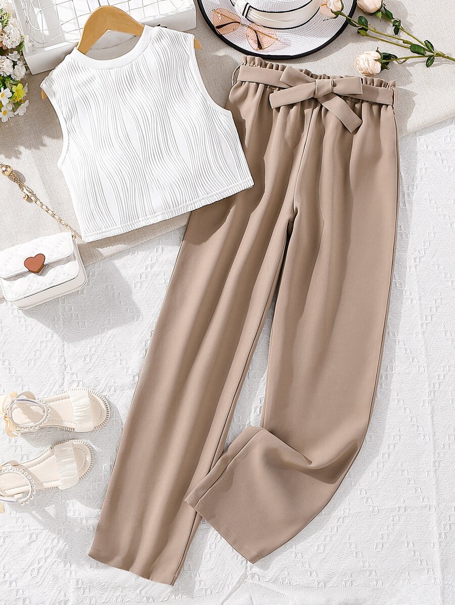 青少年女孩素色背心上衣和腰帶長褲 - 彩色 - 查看 1