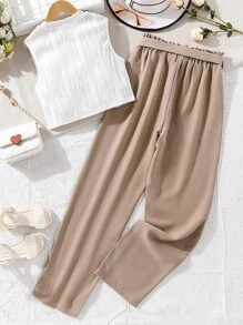 青少年女孩素色背心上衣和腰帶長褲 - 彩色 - 查看 2