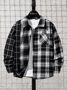SHEIN Boys Plaid Print Colourblock Shirt Without Tee - Black and White - View 1