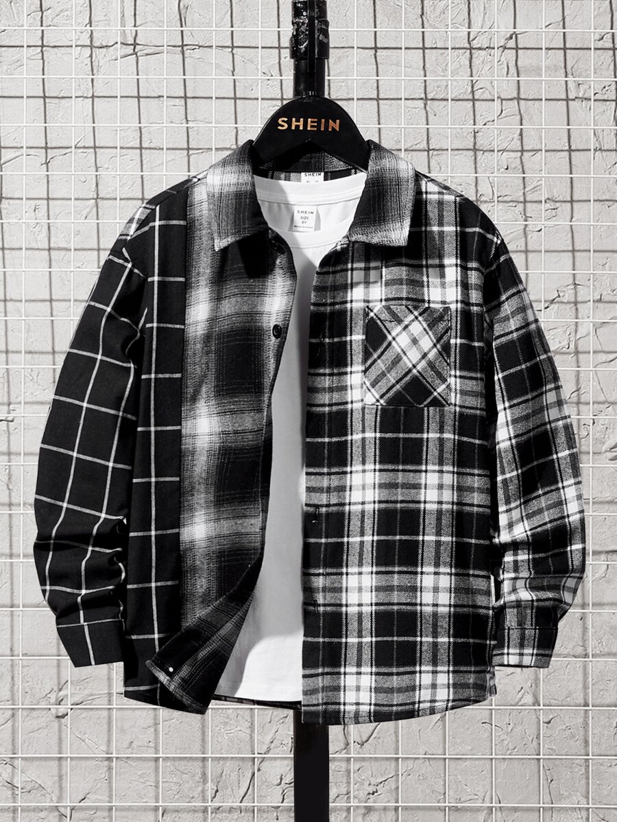 SHEIN Boys Plaid Print Colourblock Shirt Without Tee - Black and White - View 1