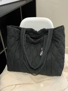 2 合 1 绗缝手提包，带配件吊坠，大容量单肩包，适合女性，休闲、工作、学校，轻便，可折叠，拉链开合，黑色，学生手提包，多个隔层，非常适合海滩、学校、工作和日常使用 - 黑色 - 查看 7