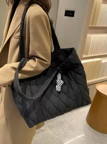 2 合 1 绗缝手提包，带配件吊坠，大容量单肩包，适合女性，休闲、工作、学校，轻便，可折叠，拉链开合，黑色，学生手提包，多个隔层，非常适合海滩、学校、工作和日常使用 - 黑色 - 查看 8