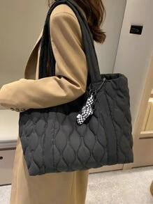 2 合 1 绗缝手提包，带配件吊坠，大容量单肩包，适合女性，休闲、工作、学校，轻便，可折叠，拉链开合，黑色，学生手提包，多个隔层，非常适合海滩、学校、工作和日常使用 - 黑色 - 查看 9