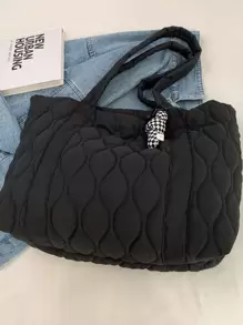 2 合 1 绗缝手提包，带配件吊坠，大容量单肩包，适合女性，休闲、工作、学校，轻便，可折叠，拉链开合，黑色，学生手提包，多个隔层，非常适合海滩、学校、工作和日常使用 - 黑色 - 查看 10