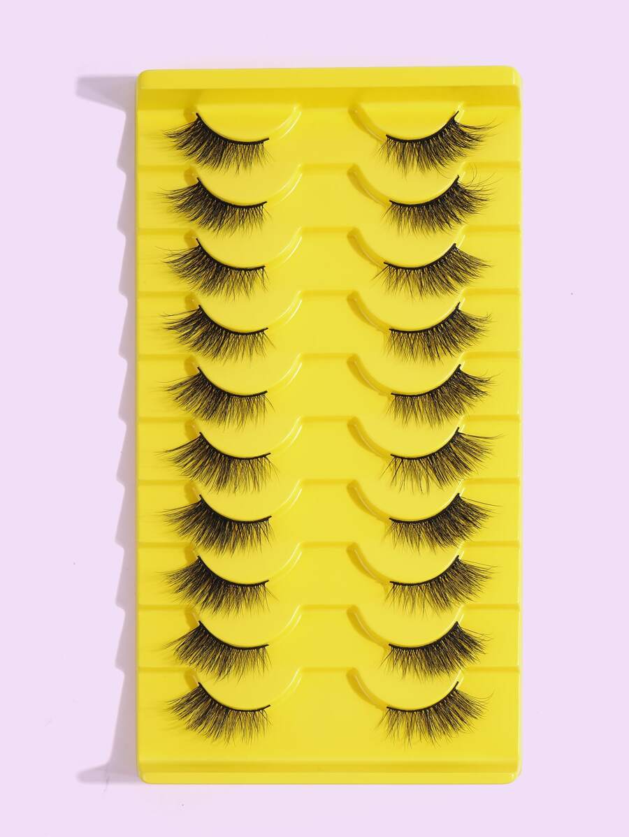 10 Pairs Natural Half & Full Eye Fluffy Thin False Eyelashes, Suitable For Daily Use, Cartoon Style, Travel Essential, Extended Winged Lashes - Black - View 1