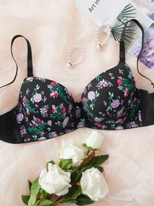 Plus Floral Print Underwire Bra - Black - View 1