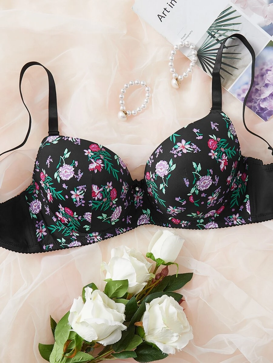 Plus Floral Print Underwire Bra - Black - View 1