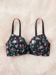 Plus Floral Print Underwire Bra - Black - View 5