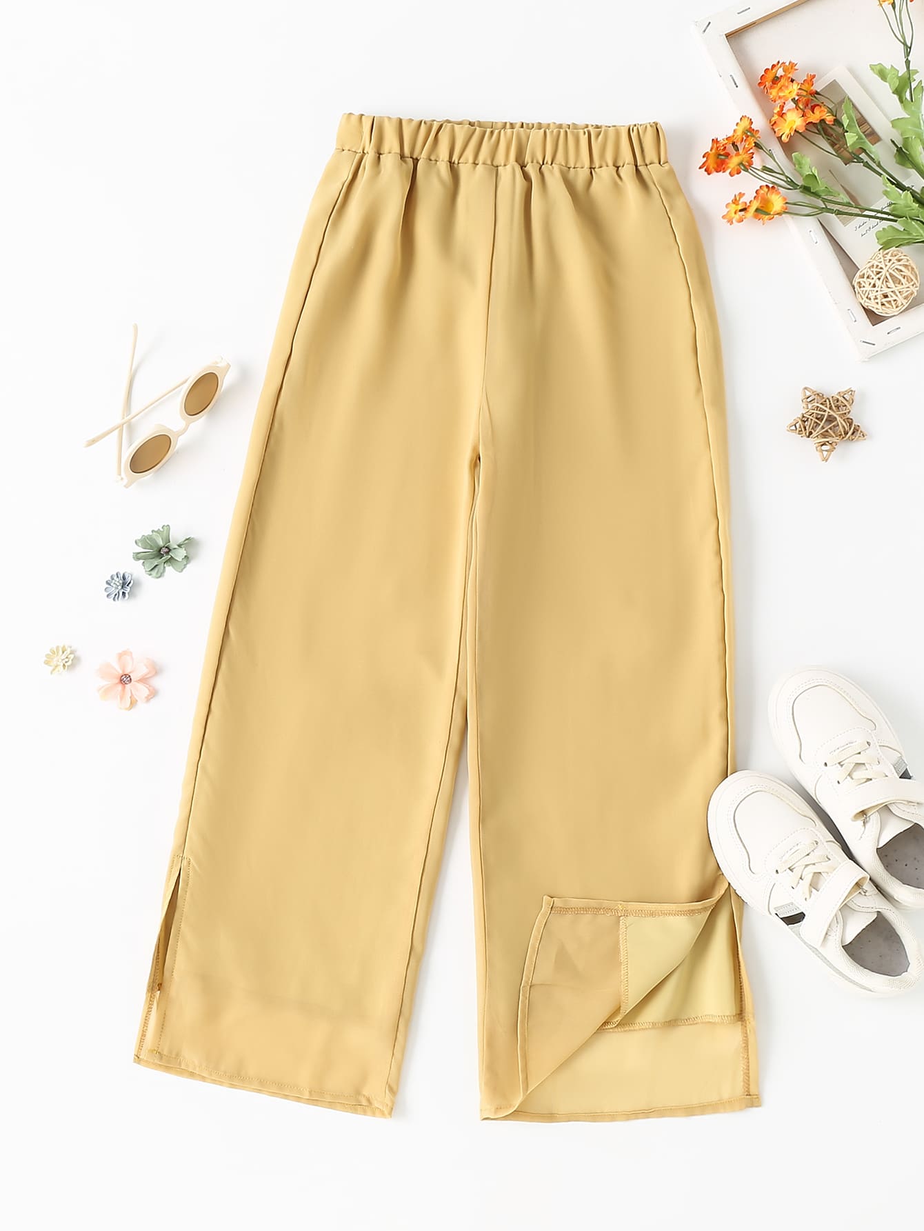 Girls Split Hem Elastic Waist Trousers - Khaki - View 1
