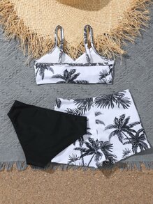 Tween Girl 3pcs Palm Tree Print Bikini Set & Bikini Bottom Summer Beach - Black and White - View 2