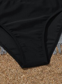 Tween Girl 3pcs Palm Tree Print Bikini Set & Bikini Bottom Summer Beach - Black and White - View 3