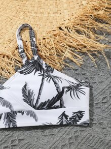Tween Girl 3pcs Palm Tree Print Bikini Set & Bikini Bottom Summer Beach - Black and White - View 4