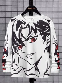 SHEIN Tween Boy Casual Crew Neck Long Sleeve Cartoon Boy Portrait Print T-Shirt - White - View 1