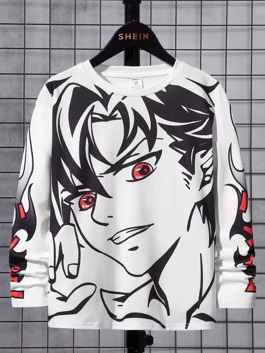 SHEIN Tween Boy Casual Crew Neck Long Sleeve Cartoon Boy Portrait Print T-Shirt - White - View 1