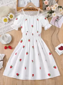 Vestido De Manga Larga Con Estampado De Fresas Y Mangas Abullonadas Para Niña Adolescente Con Hombros Descubiertos - Blanco - Ver 1