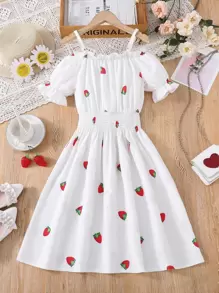 Vestido De Manga Larga Con Estampado De Fresas Y Mangas Abullonadas Para Niña Adolescente Con Hombros Descubiertos - Blanco - Ver 2