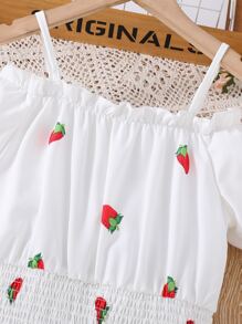 Vestido De Manga Larga Con Estampado De Fresas Y Mangas Abullonadas Para Niña Adolescente Con Hombros Descubiertos - Blanco - Ver 4