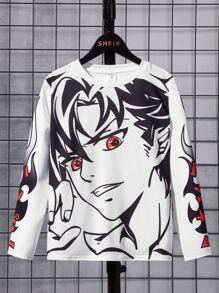 SHEIN Tween Boy Casual Crew Neck Long Sleeve Cartoon Boy Portrait Print T-Shirt - White - View 4