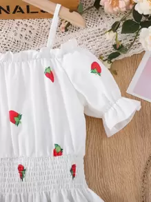Vestido De Manga Larga Con Estampado De Fresas Y Mangas Abullonadas Para Niña Adolescente Con Hombros Descubiertos - Blanco - Ver 5