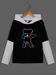 SHEIN Boys Reflective Flare Bear Print 2 In 1 Hooded Tee - Black and White - View 1