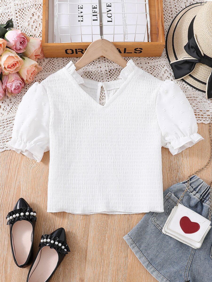 Teen Girls Frill Trim Puff Sleeve Keyhole Back Blouse - White - View 1