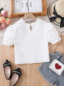 Teen Girls Frill Trim Puff Sleeve Keyhole Back Blouse - White - View 2