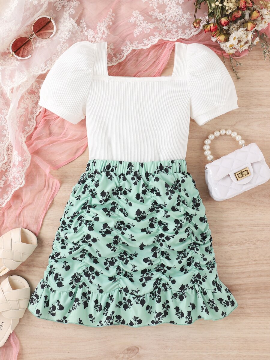 Chicas de cuello cuadrado de manga farol Camiseta & con estampado floral fruncido bajo con fruncido Falda - Multicolor - Ver 1