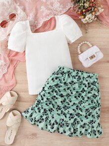 Chicas de cuello cuadrado de manga farol Camiseta & con estampado floral fruncido bajo con fruncido Falda - Multicolor - Ver 5