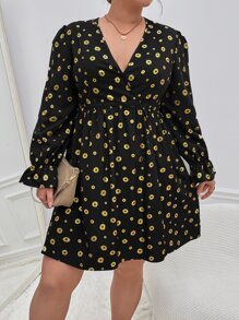 SHEIN VCAY Plus Floral Print Flounce Sleeve Dress - Black - View 3