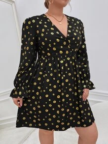 SHEIN VCAY Plus Floral Print Flounce Sleeve Dress - Black - View 4