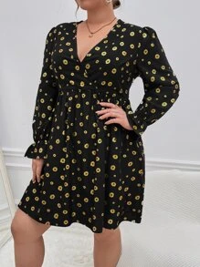 SHEIN VCAY Plus Floral Print Flounce Sleeve Dress - Black - View 6